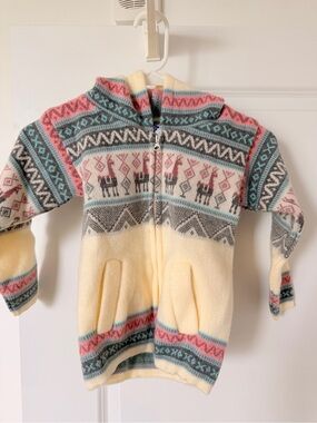 Child's Hooded Zip Sweater with Llama Fair Isle Pattern - Cream, Pink, Teal.